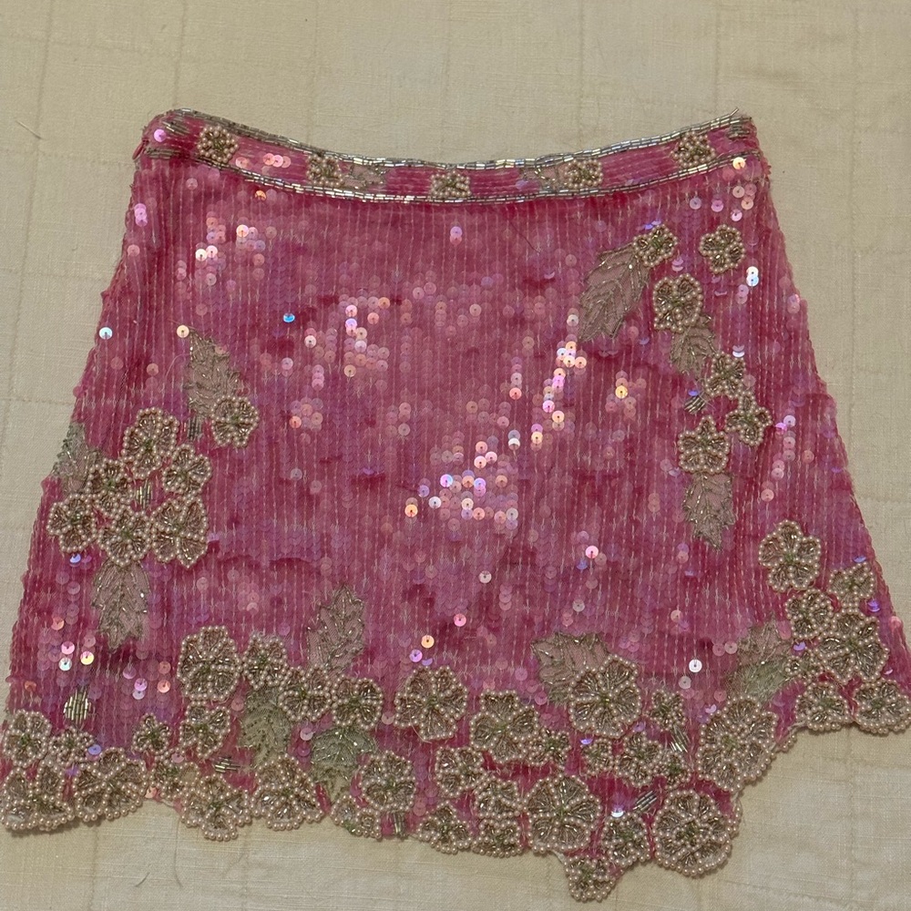 LoveShackFancy Pink Sequin Beaded Mini Skirt - Picture 3 of 4